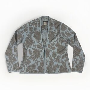 Sigrid Olsen Cardigan Women Petite M Blue Silk Floral Open Front Beaded Damask